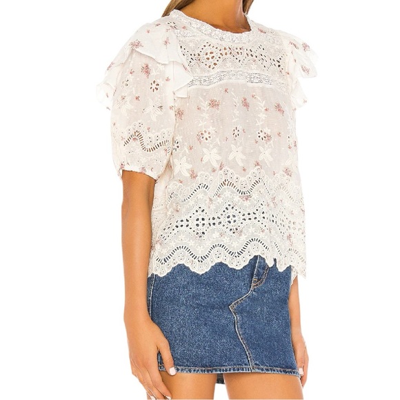 LoveShackFancy Tilda Lace Ruffle Blouse Small Ivory Floral Sheer Top - Picture 3 of 14